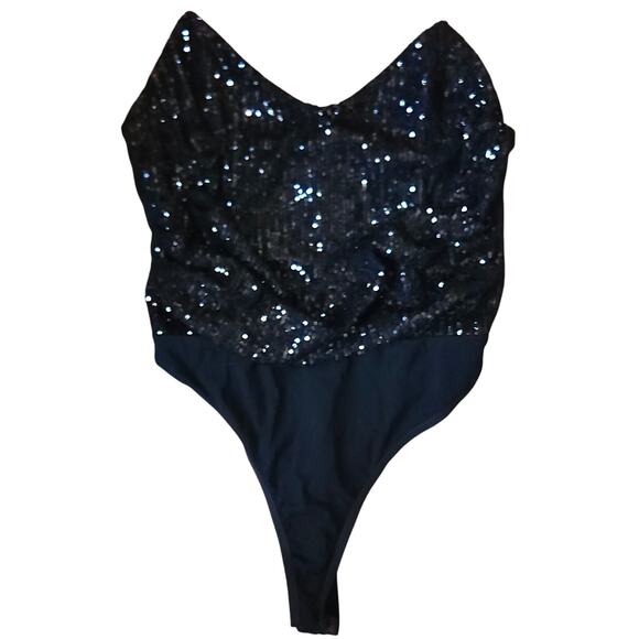 Black‎ Sequin Y2K Thong Bodysuit Clubwear X Large Vamp Whimsygoth Baddie NWT - Picture 1 of 5